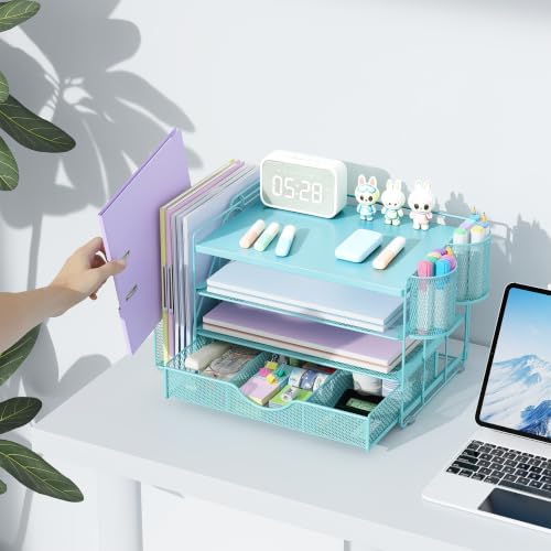 gianotter Desk Organizers and Accessories with File Holder, 4-Tier Desk Accessories & Workspace Organizers with Drawer and 2 Pen Holder, Desk Reference Organizer (Blue, 4T with Metal Drawer)