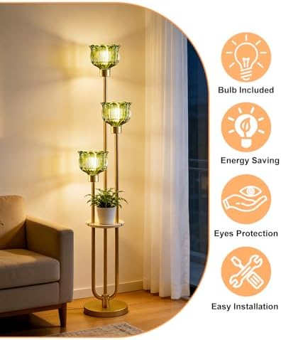 Lightdot Flower Glass Floor Lamp with Shelf Green Floral Gold Floor Lamps