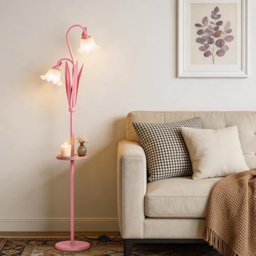 Pink Flower Floor Lamp with Table, Adjustable Floral Standing Lamp for Girl