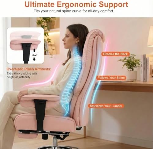 EXCEBET Big and Tall Office Chair 400lbs Wide Seat, Leather High Back Executive Office Chair with Foot Rest, Ergonomic Chairs Lumbar Support for Lower Back Pain Relief (Light Pink)