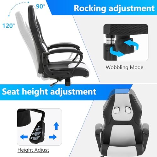 PayLessHere Gaming Chair Office Chair with Support Adjustable Ergonomic Pu Leather Racing Lumbar Massage Headrest Armrest Task 360° Swivel Computer Chair for Women Men Adults，White