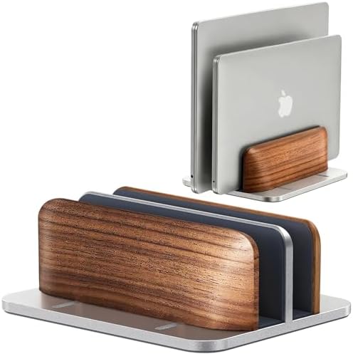 JCZT Vertical Laptop Stand, Walnut Dual Laptop Holder, Silver