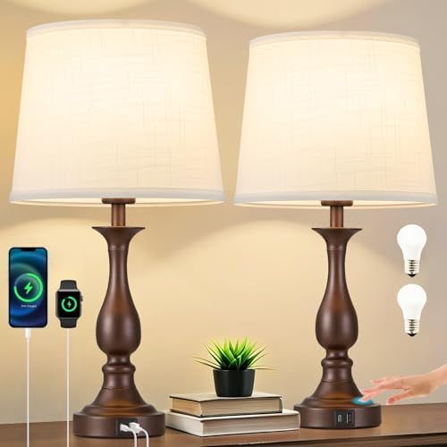 Bedside Table Lamp Touch Control Bedroom Lamps with USB A + C Charging Port 3 Way Dimmable Touch Lamps for Nightstand Living Room Bedroom Dorm Home Office Reading, Set of 2 (White Shade & Brown Base)
