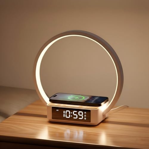 WILIT Bedside Lamp with Alarm Clock, Sunrise Wake-up Light, Wood Grain