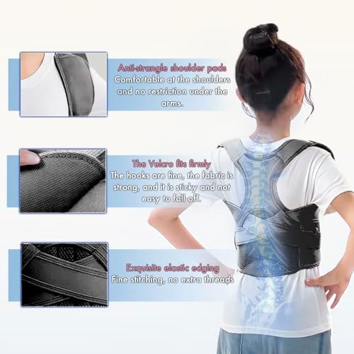 Back Brace Posture Corrector for Kids Teenagers Women, Adjustable Upper Back Straightener Lumbar Support Belt for Student Boys Girls Hunchback Scoliosis Pain Relief Spine Corrector (Black, Medium)