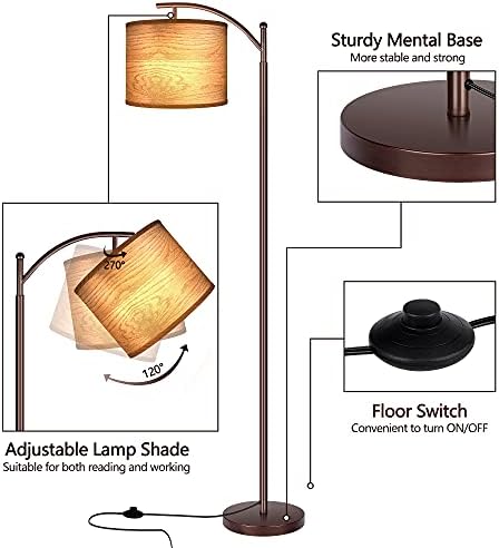 Floor Lamp for Living Room, LED Standing Lamp Tall Industrial Floor Lamp Reading for Bedroom, Office (9W LED Bulb, Wood Grain Lampshade Included) - Oil-Rubbed Bronze