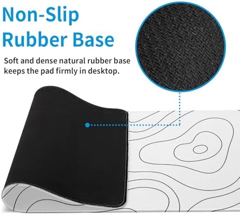 White Large Gaming Mouse Pad Desk Pad Topographic Map Big Keyboard Mat 31.5x11.8inch Computer Mousepad with Stitched Edge Non-Slip Rubber Base