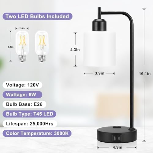 Industrial Touch Bedside Lamps for Bedrooms Set of 2 - 3-Way Dimmable Nightstand Lamps with USB C+A Ports and Outlet, Table Lamps with Opal Glass Shade for Living Room, Desk Lamps for Home Office