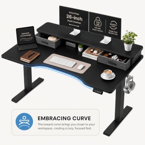 Grandder Electric Standing Desk with Two Drawers, Curved Sit to Stand Up Height Adjustable Desk with Storage Shelf for Home Office, 47 * 26 Inch, Study, Ergonomic Adjustable Computer Desk, Black