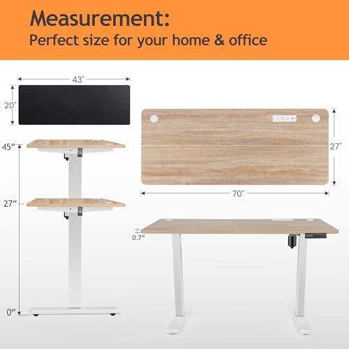 70.8'' x 27'' Electric Standing Desk Adjustable Height with Charging Station, Wheels, 2 USB Ports, 3 Power Outlets, 27''-46'' Lifting Range Stand up Desk for Home Office(Oak Gery)
