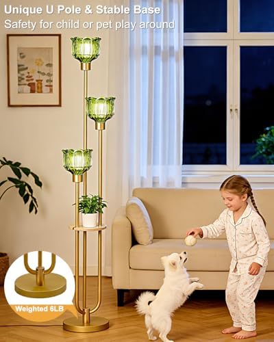 Lightdot Flower Glass Floor Lamp with Shelf Green Floral Gold Floor Lamps