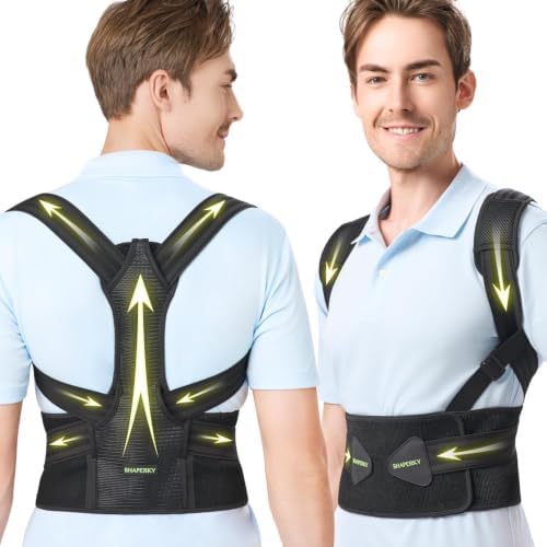 SHAPERKY Posture Corrector for Women and Men - Adjustable Upper Back Brace - Breathable Back Support straightener - Providing Pain Relief from Lumbar&Shoulder (Black L-XL)