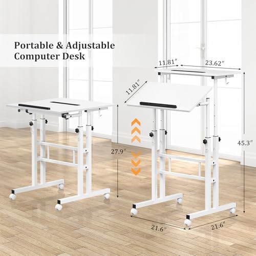 Enayplon Small Standing Desk with Wheels, Mobile Stand Up Desk, Portable Standing Table on Wheels for Walking Pad, Rolling Computer Desk Adjustable Height, Tall Table
