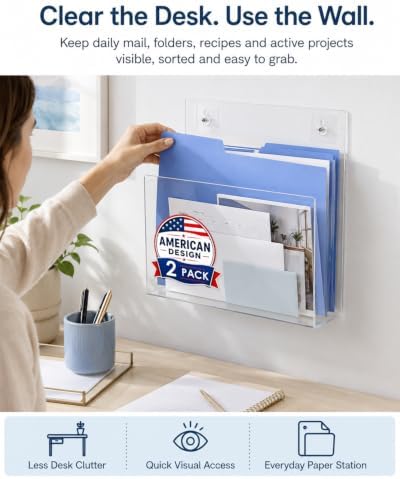 HAYVAN Acrylic Wall File Holder, No Drill Mount 2 Pack Clear