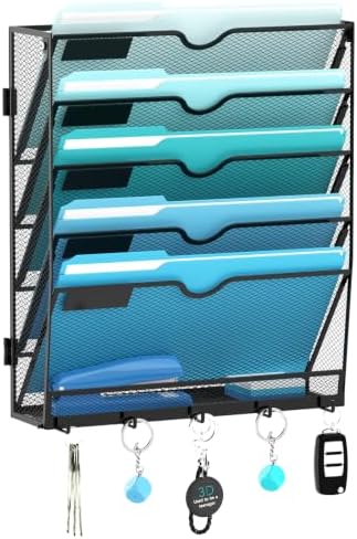 6 Tier Wall File Organizer - Hanging File Organizer with 5 Hooks, Mail Holder Wall Mounted for Papers, Folders, Magazines, Bills, Office&School Organization, Black