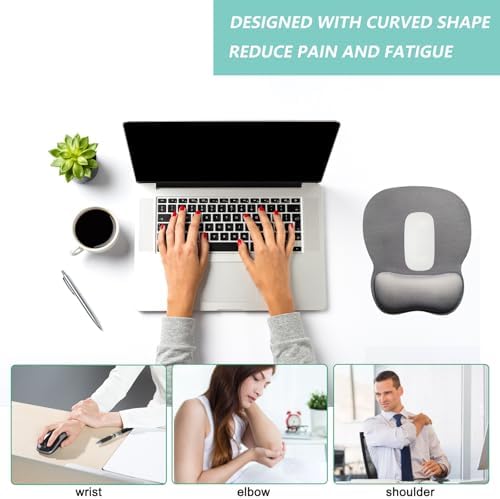 Mouse Pad with Wrist Support, Ergonomic Mousepad with Comfortable Memory Foam Wrist Rest Cushion, Relieve Wrist Pain, Non-Slip Rubber Base Gaming Mice Pad for Home Office Computer Laptop, Light Grey