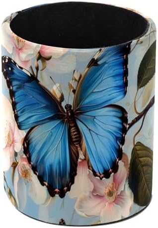 Desk Organizer Pen Holder for Desk, Blue Butterfly on Blossom Pencil Holder, Large Capacity Pen Cup Makeup Brush Holders Desktop Office Supplies Storage Organizer