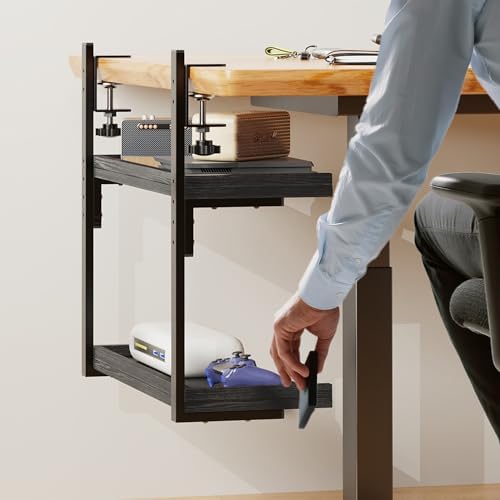 Clamp On Desk Shelf 2-Tier, 16.5 in Wood Shelving Unit for Office Desk/Gaming Accessories, Tabletop Book Storage Rack, Shelf for Top of Desk, Black