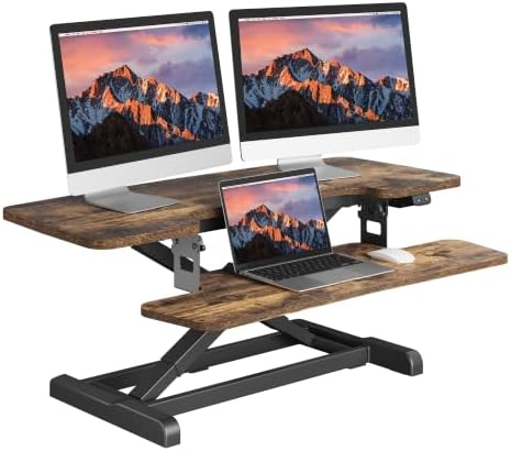 SANODESK Standing Desk Converter with Electric Motor 40" Height Adjustable Riser for Office Home,Dual Monitor and Laptop Workstation with Large Keyboard Tray, Rustic Color