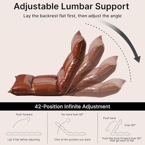Floor Chair with Back Support, 42-Position Adjustable Gaming Chair for Adults, Faux Leather Floor Lounger, Reading Chairs with Neck Support, Foldable Floor Seat for Sleeping, Gaming (Brown)