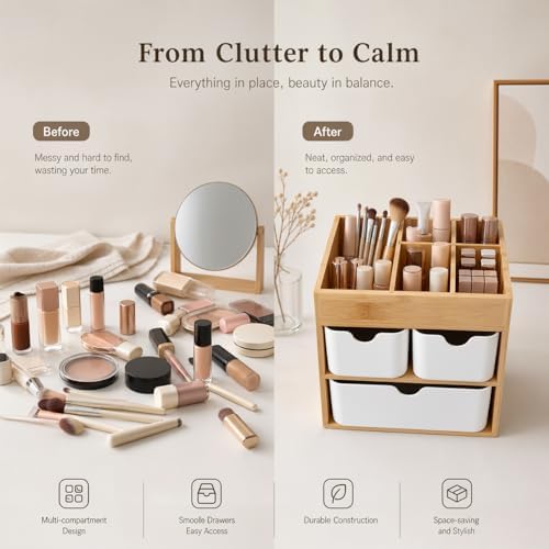 Bamboo 3-Drawer Makeup Organizer, Mortise & Tenon Vanity Box Desk Organizer