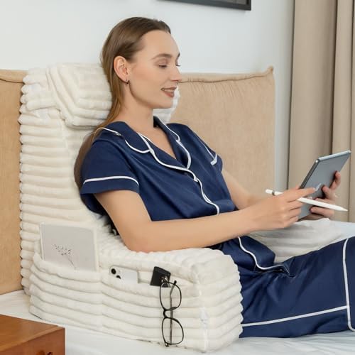 ENITYA 22" XL Back Pillow for Bed Sitting Up with Armrests & Big Pockets