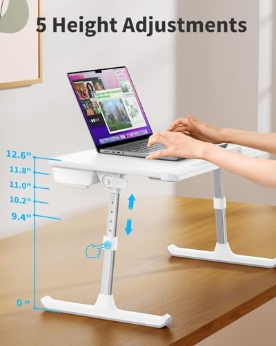 SAIJI Laptop Bed Tray Table, Adjustable PVC Leather Laptop Bed Table, Portable Standing Desk with Storage Drawer, Foldable Lap Tablet Table for Sofa Couch Floor (Large,White)