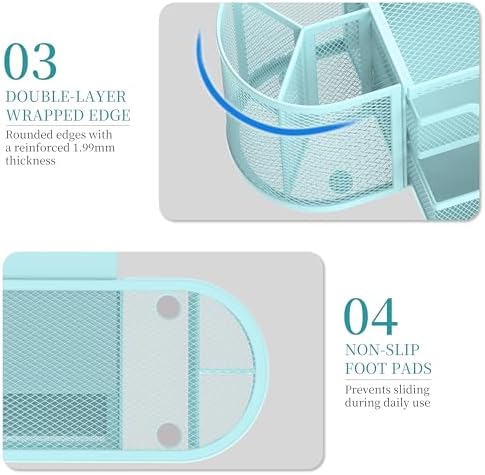 SUPEASY Mesh Desk Organizer, Pen Holder for Desk with 2 Drawers, Blue
