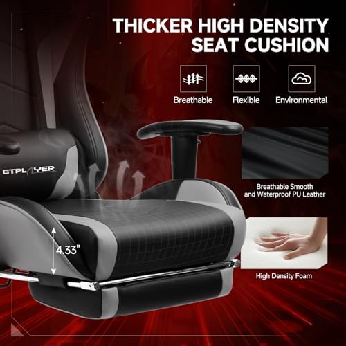 GTPLAYER Gaming Chair,Gamer Chair with Bluetooth and Adjustable Backrest,Seat Height Adjustable Computer Chairs with 3D Armrests,Video Game Chair with Footrest Speakers (Grey)