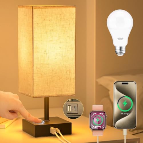 Bedside Table Lamps for Bedroom Touch Nightstand Lamp with USB C+A