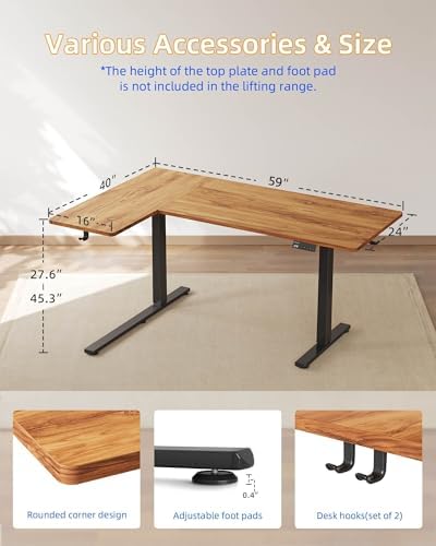 YIHAYO Reversiable L-Shaped Electric Standing Desk, 59 Inches Stand Up Corner Desk, Sit and Stand Up for Work Office Home, Computer Table with Splice Board, Rustic Brown Top