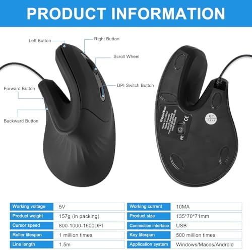 HXMJ- Ergonomic Vertical Mouse Wired,USB Corded Optical Mice,Silent Click,Right Handed-Black