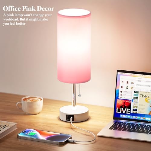 Dicoool Pink Bedside Table Lamp for Girls Bedroom - USB A+C Charging Ports