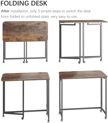 4NM 27.5" Mobile Small Rolling Computer Desk, Folding Laptop Cart Table with Wheels, Portable Office Desk for Small Space Couch Bed - Rustic Brown and Black