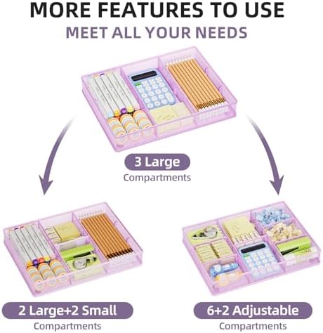 Marbrasse Desk Drawer Organizer, Metal Mesh Drawer Organizer Tray with 5 Adjustable Compartments,Desk Organizers and Accessories for Home,Office,Kitchen,Makeup,Vanity (Purple)