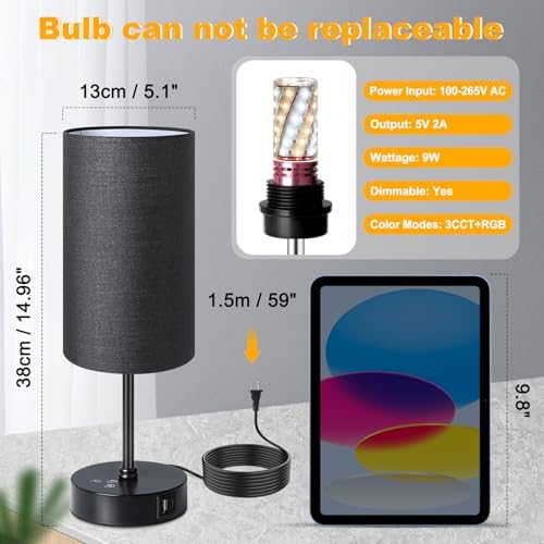 Unicozin Table Lamp with 3 CCT (3000K/4500K/6500K), Stepless Dimmable Bedside Lamp with 7 Color Changing, Modern Nightstand Light with Black Shade for Bedroom, Kids Room, Home, Office