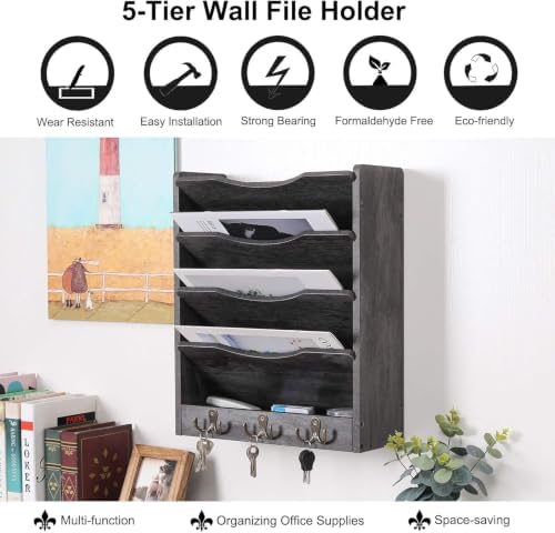 PAG-Mass 5-Tier Wall File Holder Hanging Mail Organizer Wood Magazine Literature Rack with 6 Hooks, Dark Gray