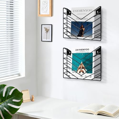 ZAYHENHYOO Wall Mounted Magzine Organizer, Wall Mounted Magazine Holder Metal for Hanging And Desktop Stand, Hanging Wall File Bracket for Home, Office Storage (2P Black)