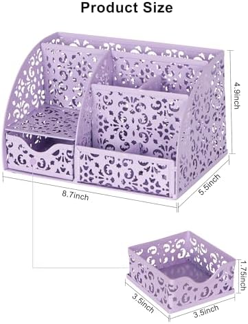 EasyPAG Pen Holder Desk Organizer with Drawer Pencil Cup for Desk 6 Compartments Metal Office Caddy Storage with Sticky Notes Holder for School Home Office, Purple