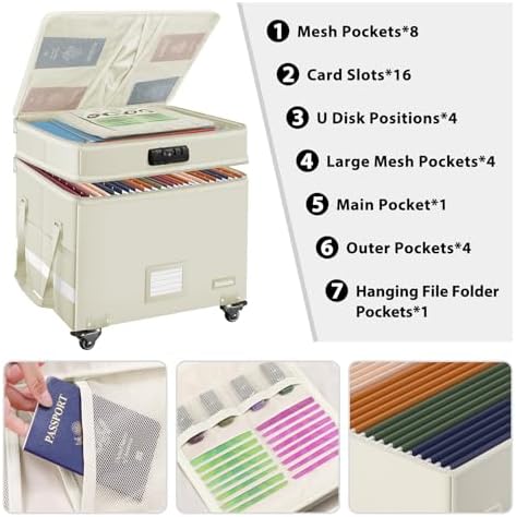 DocSafe Fireproof Document Box with Lock,2-Layer File Box with Wheels,Collapsible File Storage Organizer with Pockets,Large Portable Office Filing Cabinet for Hanging Folders,Beige,16''x13.8''x12.2''