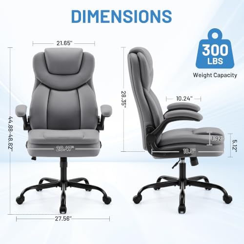 Ergonomic PU Leather Office Chair with Double-Layer Seat Cushion, Adjustable Armrest and Headrest, Reclining Backrest 360° Swivel Rolling Computer Desk Chair for Home Office Gaming Space, Gray