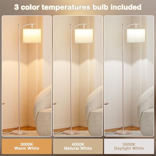 Ambimall 60" Floor Lamp for Living Room with 3 Color Temperatures, Adjustable Beige Shade with Light Gold Pole, Tall Lamp for Bedroom Office Classroom Dorm Room, 9W Bulb Included