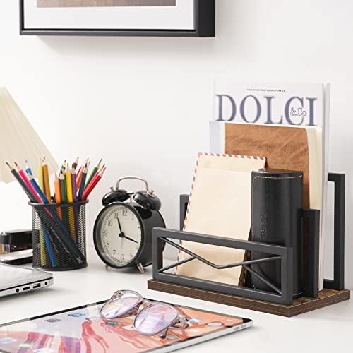 Snughome Desktop Mail Organizer, Desk Mail Organizer with 2-Slot Matte Black Metal Desktop Mail Sorter, Metal Storage File Holder Letter Sorter Organizer for Home or Office, Rustic Brown