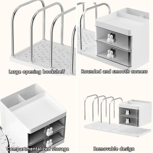 Desk Organizer with Bookends, Desktop Storage Box with 2 Drawers (White)