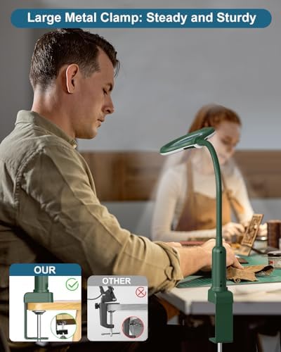 12X Magnifying Glass with Light and Stand, Real Glass, LED 5 Color Modes, Brightness Stepless Dimming Lighted Magnifier Hands Free, Flexible Gooseneck Desk Lamp with Clamp for Close Work, Craft, Green