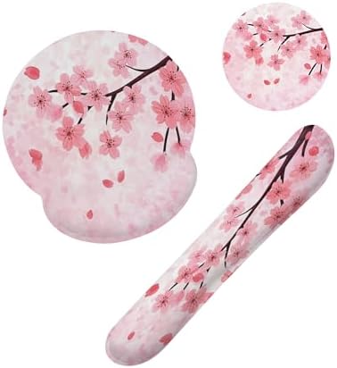 Cherry Blossom Pink Flower Mouse Pad with Wrist Rest Set, 3-in-1 Wrist Support Mousepad Set, Gaming Mat Pad with Anti-Skid Base,Ergonomic Memory Foam Mouse Pad Set for Women, Office, Typing, Gaming