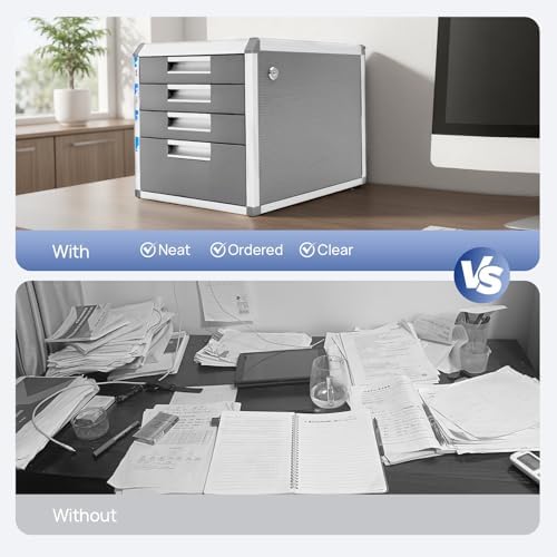 Desk Organizer with 4 Drawers, Desktop Metal Desktop Storage Cabinet with 2 Pcs Keys & Convenient Label, Filing Case Literature Organizer for Offices Homes,12.4x13.8x11.7In