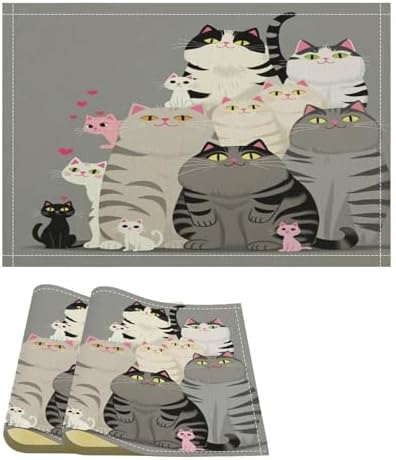 Cute Cats Group Portrait Linen Placemats Set of 2PCS, Heat Resistant Non-Slip Washable Table Placemats for Dining Everyday Use Hotel Banquet Home Decor