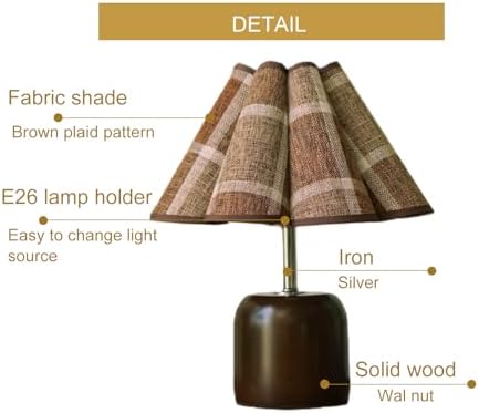Small Plaid Pattern Table Lamp for Bedroom, Bedside Lamps for Nightstand, Desk Lamp Solid Wood Base Walnut Fabric Shade for Living Room, Kids Room, Bulb Not Included (Mid-Century Modern) (Walnut)