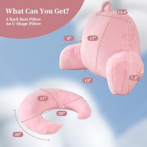 17" Reading Pillow for Bed,U Shaped Arm & Elbow Support,Pink Faux Fur